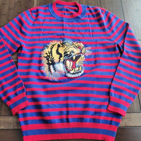 Striped Red & Blue Sweater With Embroidered Tiger Head Design Size S - Picture 1 of 4